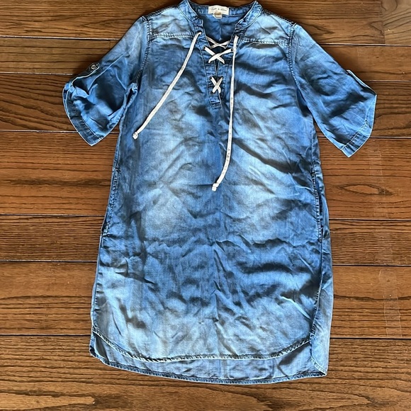 Cloth & Stone Xander Lace Up Chambray Dress Size S Tencel Lyocell Pockets - Picture 2 of 10